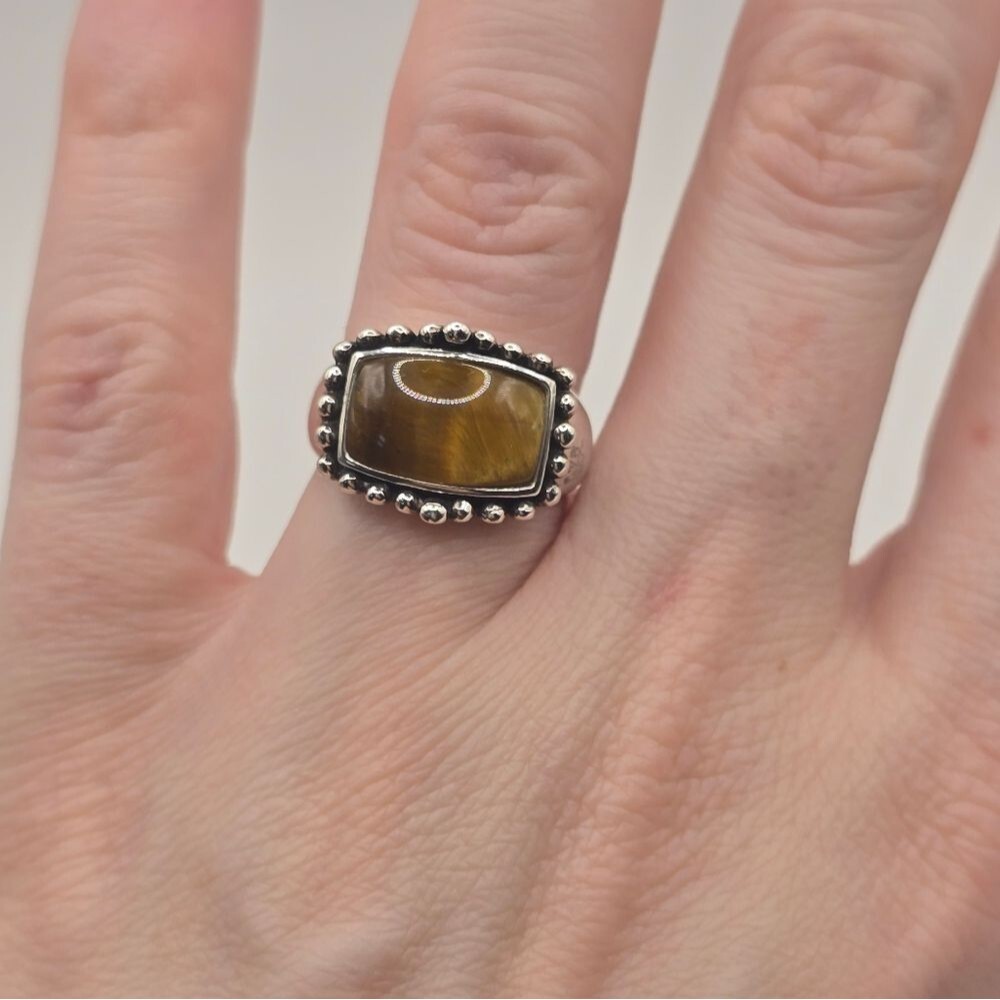 Large Rectangle Cabochon Tigers Eye Ball Bead Sterling Silver Ring Size 6